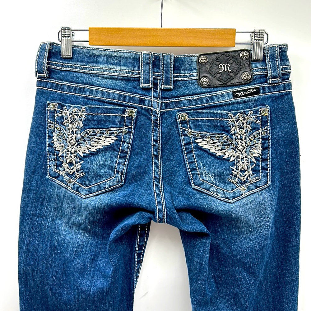 MISS ME WOMEN SIZE 29x34 SKINNY BLUE JEANS BACK POCKETS RHINESTONE